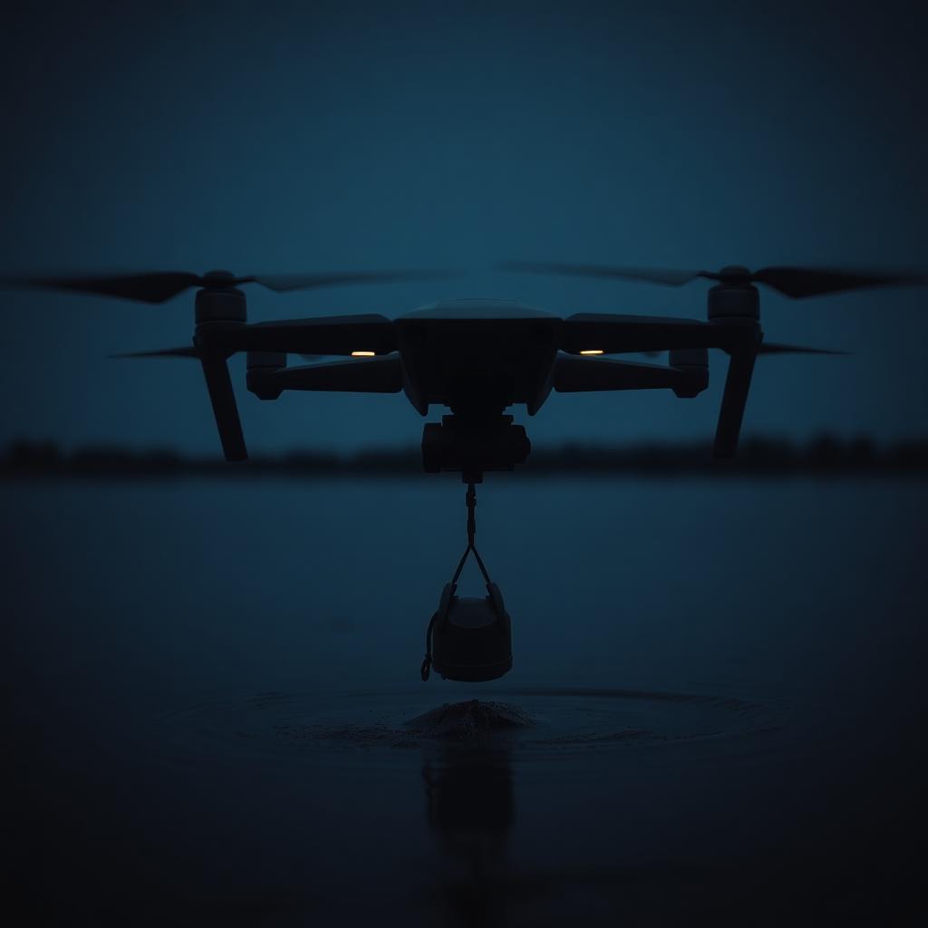 Sentinel drone lowering a supply pod above floodwater at dusk