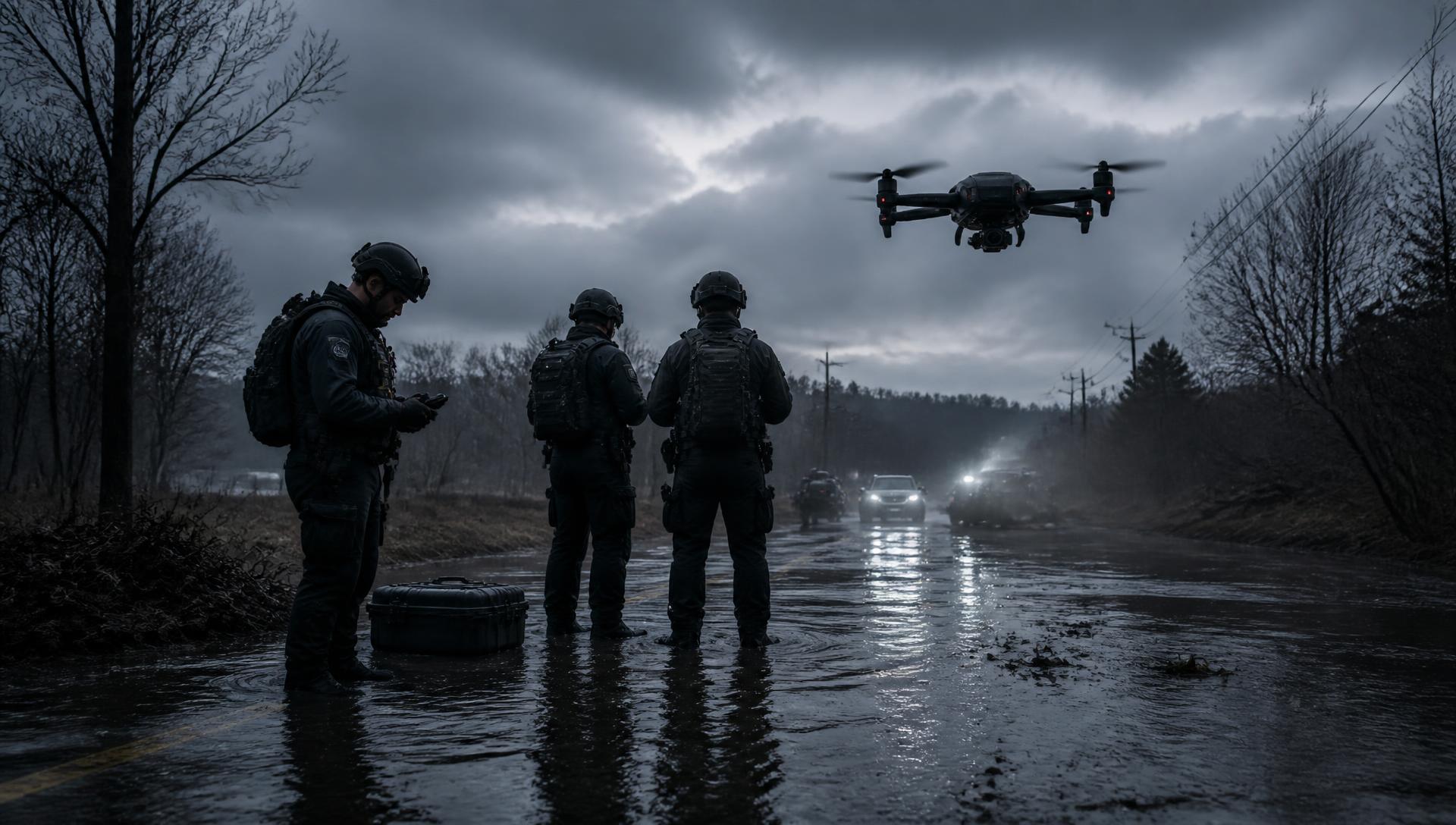 Emergency response team preparing a Sentinel drone on a flooded rural road